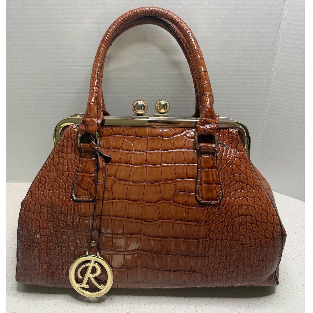 Rimen & Co Brown Croc Embossed Kiss Lock Doctor Bag Handbag Cognac Gold Tone